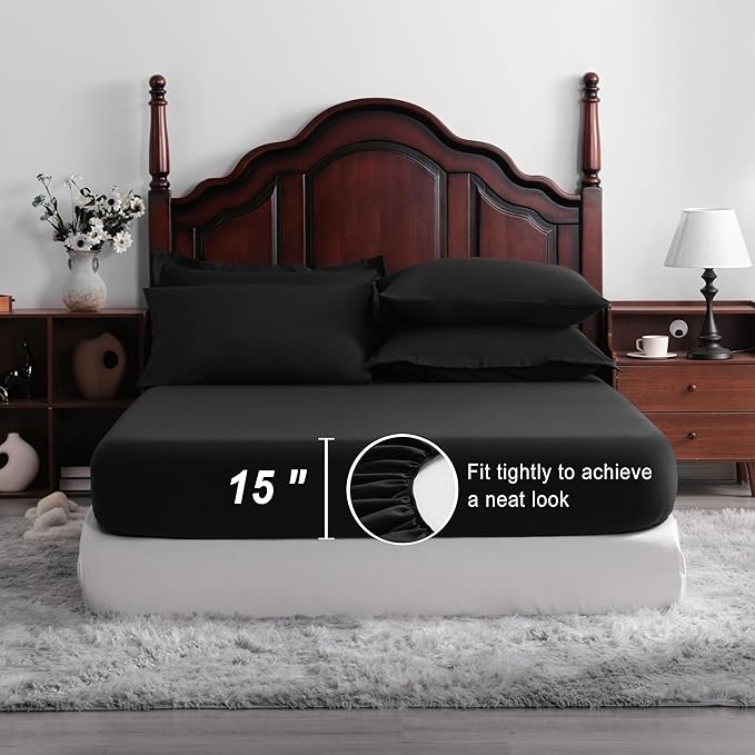 NTBAY King Comforter Set with Sheets, 7 Pieces Soft and Breathable King Bedding Set, Bed in a Bag, Down Alternative Comforter Set Solid Color All Season, King Bedding Set, Black