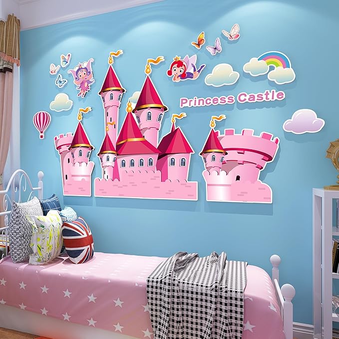 3D Castle Wall Stickers for Girls Room Decor Wall Decals Peel and Stick for Girls Bedroom Large Pink Decor for Nursery Toddler Inspirational Princess Art Pictures Kids Murals Wallpaper