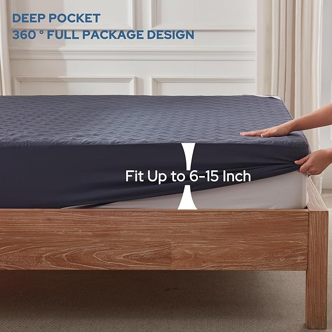 BEDLORE 2 Pack Waterproof Mattress Protector, Full Size Pad with Deep Pocket 6"-15" Depth, Soft Breathable Dirt Proof Single Bed Mattress Cover for Bedroom, Dorm Room (Navy Blue)