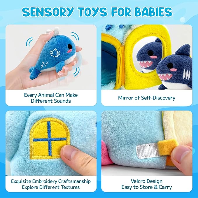pamexin Baby Toys 6-12 Months, Ocean Stuffed Animals Set with 1 Conch House and 5 Sea Creatures, Rattle, Lanyard, Mirror, Montessori Toys for 6+ Month Old, Gifts for Babies Grandkids