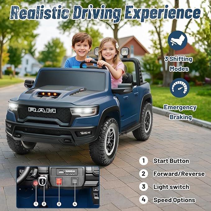 Electric Car for Kids, Licensed Ram 1500 RHO, 24V Ride on Toys for Big Kids, Battery Powered with Parent Remote Control, LED Light/Music/MP3, Back Storage, Blue