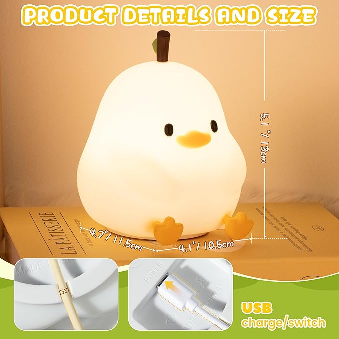 loatme Night Light for Kids, Rechargeable Dimmable Silicone LED Nightlight with 7 Colors, Baby Nursery Night Lamp, Touch Squishy Lamp, Cute Gifts for Girls, Boys, Toddler Room Decor, White Duck