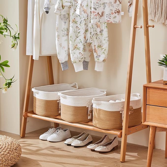 BUBUSUN Storage Bins Woven Baskets for Storage Set of 3, Cotton Rope Basket with Handles for Toys/Shelves/Laundry, Rectangle Multi-Purpose Organizer for Living Room, Bedroom, Nursery (Giraffe)