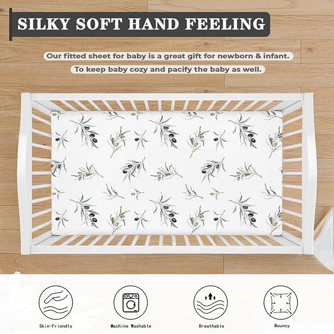 Black Olives and Green Branch Fitted Crib Sheet Olives Baby Crib Sheet Fit Standard Crib and Toddler Mattress,Crib Mattress Sheets for Boys Girls 28"x52"