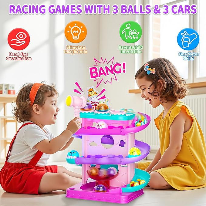Funwee 2-in-1 Rolling Ball & Racing Car Ramp Toy for Toddlers, Race Track Hammer Lights Ball Drop, Interactive Montessori Learning Game Birthday Gift Idea for Kids 2 3 4 5+Year Old Girl Boy(Pink)