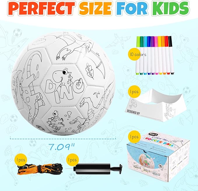 EVERICH TOY Paint Your Own Soccer Ball with Markers, Toddler Arts and Crafts Kits Soccer Gifts for Boys Girls, Size 3 Dinosaur Toys Coloring Custom Soccer Ball Birthday Gifts for Kids 3 4 5 6-8 8-12