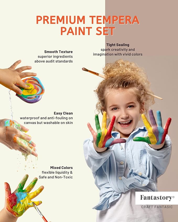 Fantastory Tempera Paint for Kids 12 Colors (8.4 oz Each) Washable Tempera Paint, Kids Poster Sponge Painting, Non-Toxic Finger Hand Bottles Gifts