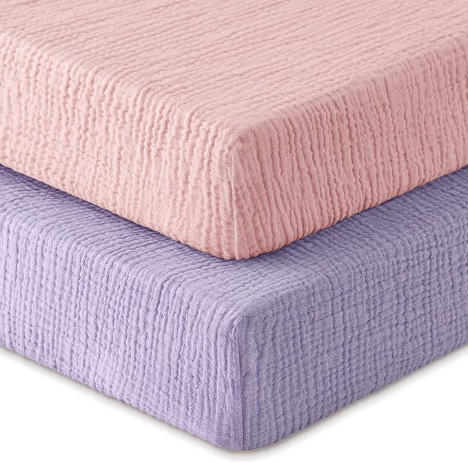 Muslin Crib Sheets for Boys Girls, 100% Cotton Fitted Crib Sheet 2 Pack for Standard Crib and Toddler Mattress, Breathable Soft Baby Sheet 28x52x8in Pink & Purple