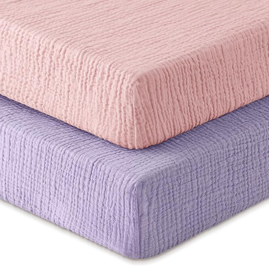 Muslin Crib Sheets for Boys Girls, 100% Cotton Fitted Crib Sheet 2 Pack for Standard Crib and Toddler Mattress, Breathable Soft Baby Sheet 28x52x8in Pink & Purple