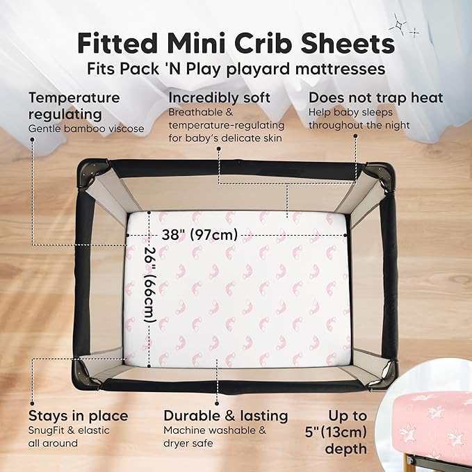 Pack and Play Sheets Fitted - 2-Pack Mini Crib Sheets for Pack N Play Mattress 38x26, Soft & Cozy, Neutral Toddler Playard Bedding, Snug Fitted Mini Baby Crib Mattress Cover Boy, Girl (Dreamland)