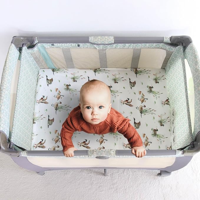 LifeTree Crib Sheets for Baby Unisex - Muslin Fitted Crib Sheets Toddler Bed Sheet, 70% Viscose from Bamboo and 30% Cotton, Fits Mini Crib & Pack and Play Playard, Mallard Duck, 26in x 38in