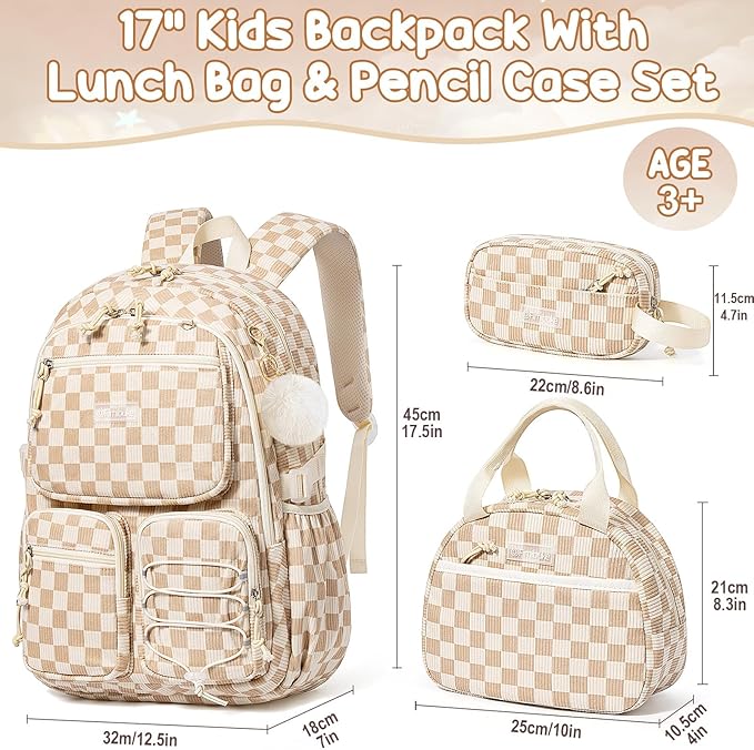 Fimibuke School Backpack for Girls Boys - 3PCS Corduroy Kids Backpack Set with Lunch Box & Pencil Pouch, Lightweight Teen Girls School Bag Laptop Bag Travel Daypack for Elementary Middle High School