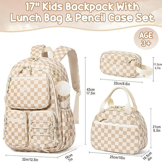Fimibuke School Backpack for Girls Boys - 3PCS Corduroy Kids Backpack Set with Lunch Box & Pencil Pouch, Lightweight Teen Girls School Bag Laptop Bag Travel Daypack for Elementary Middle High School