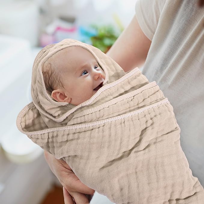 Peryiter 4 Pcs Muslin Hooded Baby Towels, 32x 32'' Cotton Newborn Bath Towel Muslin Infant Baby Blankets Absorbent Unisex Christmas Registry Gift Essentials for Girls Boys (Beige Series)