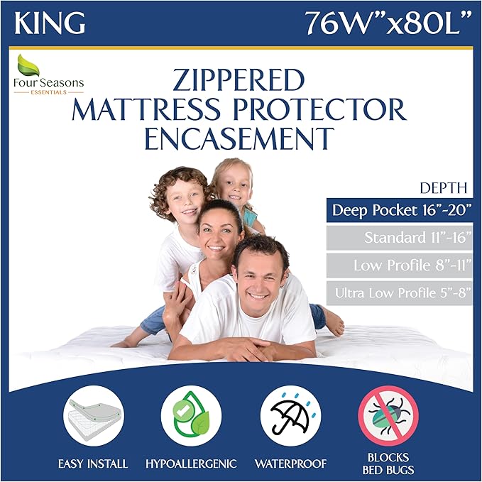 King Size Mattress Protector Waterproof Zippered Cover - Deep Pocket Fits up to 20" Depth - Hypoallergenic Premium Quality Encasement Protects Against Dust