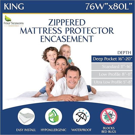 King Size Mattress Protector Waterproof Zippered Cover - Deep Pocket Fits up to 20" Depth - Hypoallergenic Premium Quality Encasement Protects Against Dust