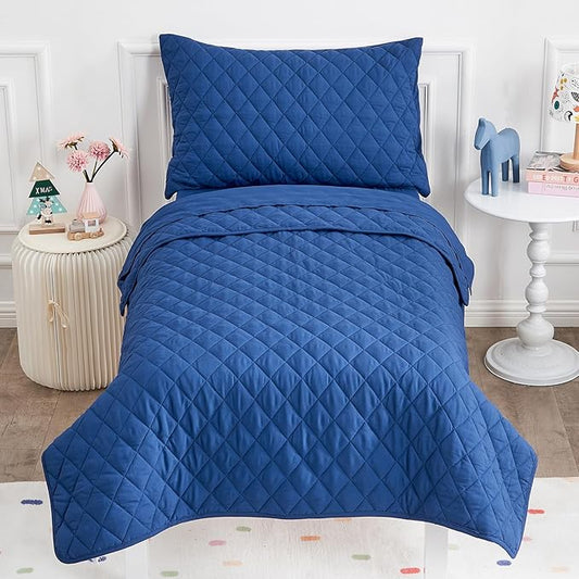 Wowelife Toddler Bed Set Blue, 4 PCS Toddler Bedding Sets for Boys and Girls, Premium Lightweight Soft Crib Comforter Set, Includes Quilted Comforter, Fitted Sheet, Flat Top Sheet and Pillowcase