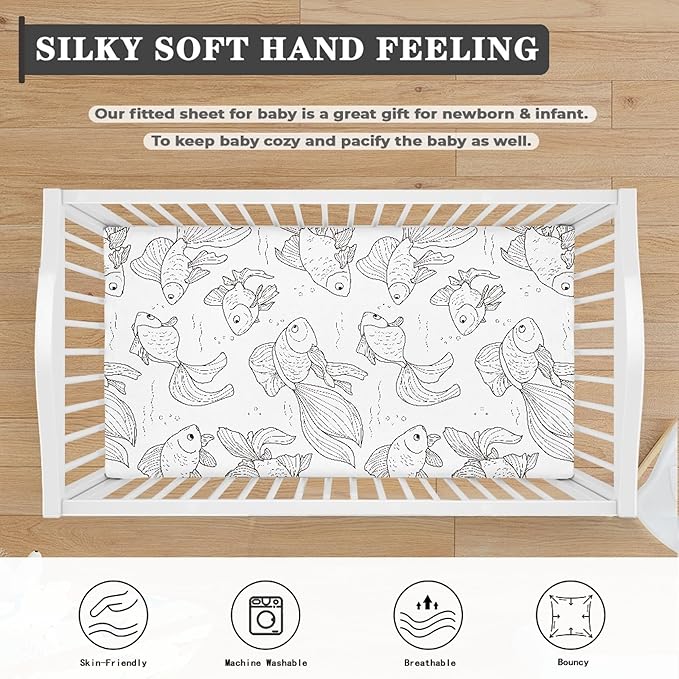 Black and White Golden Fish Fitted Crib Sheet Ocean Animals Baby Crib Sheet Fit Standard Crib and Toddler Mattress,Crib Mattress Sheets for Boys Girls 28"x52"