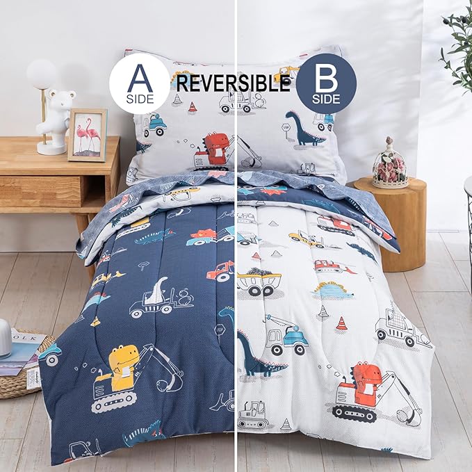 DJY Cotton Twin Bedding Set, Dinosaur Cars Reversible Twin Comforter Set for Kids Boys Girls, 4 Pieces Bed in a Bag Includes Quilted Comforter, Flat Sheet, Fitted Sheet and Pillowcase
