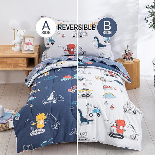 DJY Cotton Twin Bedding Set, Dinosaur Cars Reversible Twin Comforter Set for Kids Boys Girls, 4 Pieces Bed in a Bag Includes Quilted Comforter, Flat Sheet, Fitted Sheet and Pillowcase
