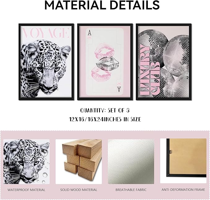 Pink Cheetah Wall Art Set of 3, Y2K Trendy Leopard Canvas Wall Decor Paintings, Preppy Black and White Cheetah Disco Posters Prints Pictures for Girly Room Bedroom Dorm 12x16 Inch Wood Framed