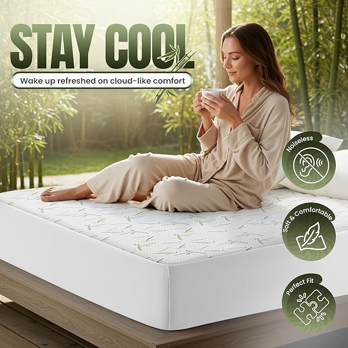 Utopia Bedding Waterproof Mattress Protector King Size Bed, Premium 200 GSM Bamboo Viscose Cooling Mattress Cover, Soft and Breathable, Fitted Style with 17 Inches Deep Stretchable Pockets