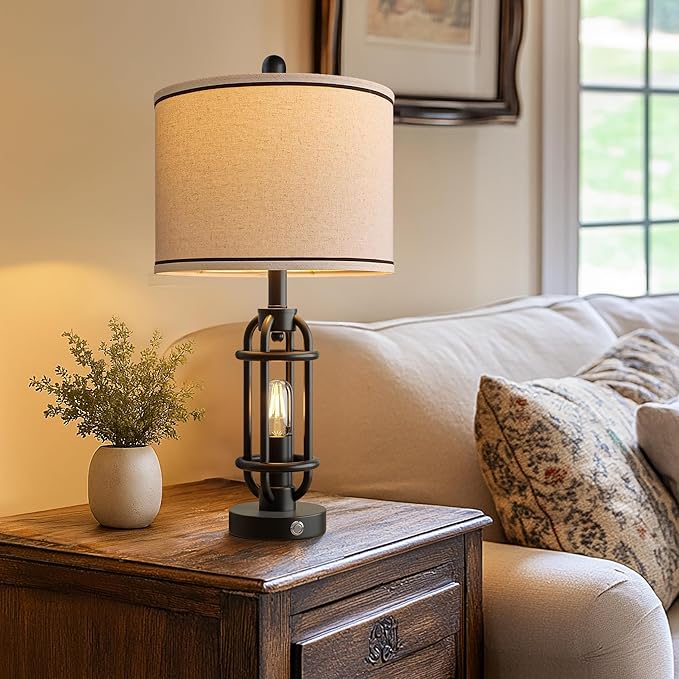 G-SAFAVA 24'' Table Lamps for Living Room Bedroom Industrial Touch Lamp with USB A+C Ports, Night Light Farmhouse Vintage Nightstand Bedside Lamps for Night Stands Metal Black, Bulbs Included