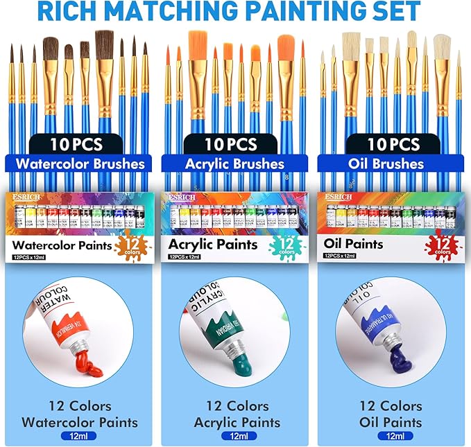 ESRICH 78Pack Acrylic Paint Set, Painting Kits for Adults, Paints Kit With3 Pack of 12 Colors Paint 3 Sets of Wooden Easels, Canvas, Brushes, Palette, Art Paint Supplies Kit for Adults Beginner