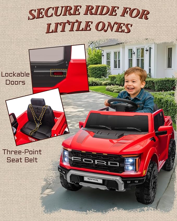 First Ride On Licensed Ford F-150 Raptor 12 Volt Kids Ride on Car, Ride on Toys for Kids with Remote Control, Electric Vehicle for Toddler with Smooth Start, Truck Bed Storage, Bluetooth (Red)