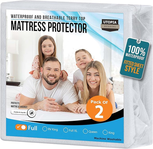 Utopia Bedding Waterproof Mattress Protector Full Size 2 Pack, Premium 200 GSM Terry Mattress Cover, Soft & Breathable Bed Cover, Fitted Sheet Style with Stretchable Deep Pockets 15" (White)