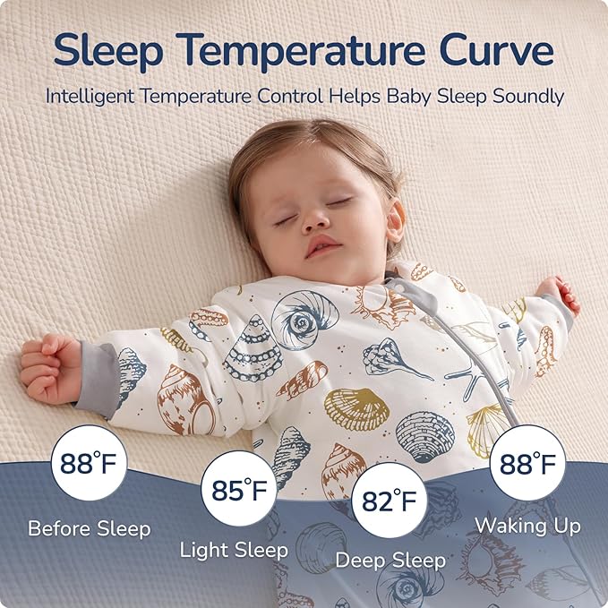 Baby Sleep Sack 6–12 Months, 2.5 TOG Warm Cotton Sleep Sack with Detachable Long Sleeves, Winter Wearable Blanket for Cold Nights, 2-Way Zipper Toddler Sleeping Sack, Ocean