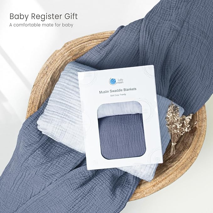 lulumoon Muslin Swaddle Blanket Baby - Cotton Swaddling Blanket Soft Baby Receiving Blankets Neutral 2Pack(Navy)