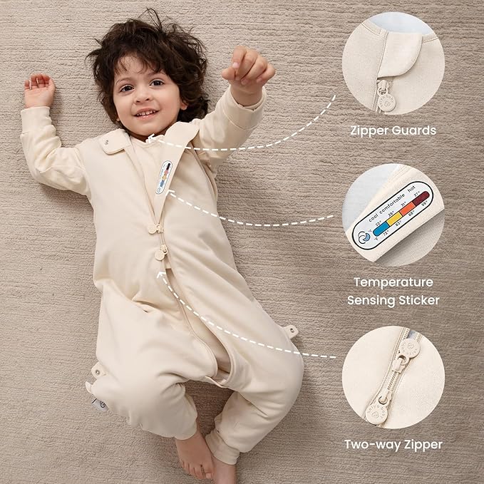 kaiya baby Unisex Toddler Sleep Sack with Feet 1.0 Tog Split Legs Sleep Sack 18-36 Months, Sleep Bag Walker, Gifts for Boys & Girls, Cream