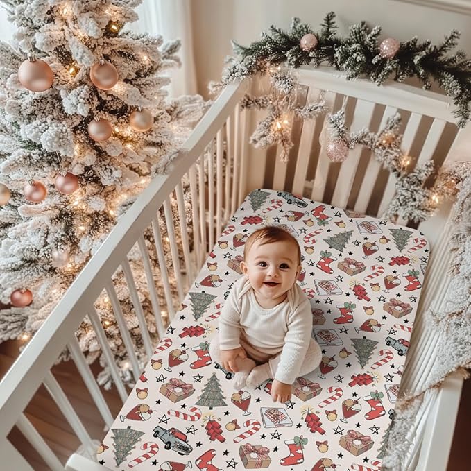 Boho Christmas Movie Baby Crib Sheets for Boy Girl 52x28 Christmas Tree Stockings Candy Pizza Truck Soft Snug Fitted Crib Mattress Cover Winter Holiday Baby Sheet for Standard Crib & Toddler Mattress