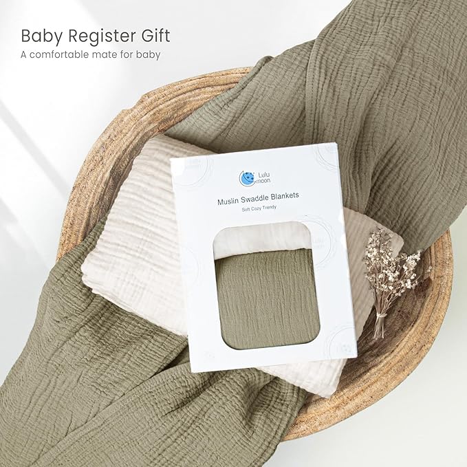 lulumoon Muslin Swaddle Blanket Baby - Cotton Swaddling Blanket Soft Baby Receiving Blankets Neutral 2Pack(Olive)