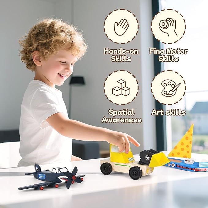 Wooden Build Paint Art Crafts Kit, Make Your Own Car Boat & Plane DIY Craft Toys for Kids Boys, STEM Educational Toy Set