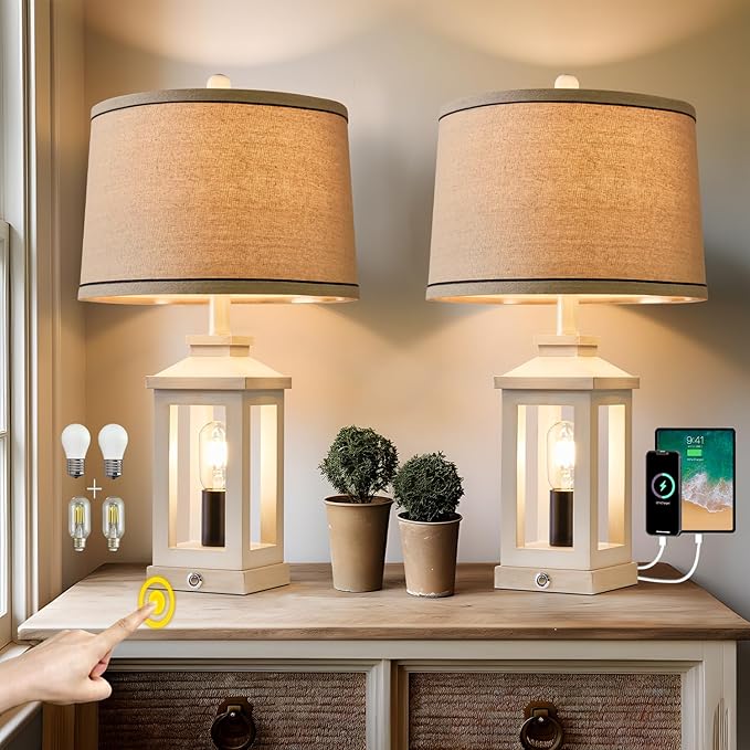G-SAFAVA 23.75" Retro Farmhouse USB C+A Ports Table Lamp Set of 2 with 3 Way Dimmable Touch Control White Nightlight Vintage Modern Lamp for Living Room Bedroom with 2 Light Sources