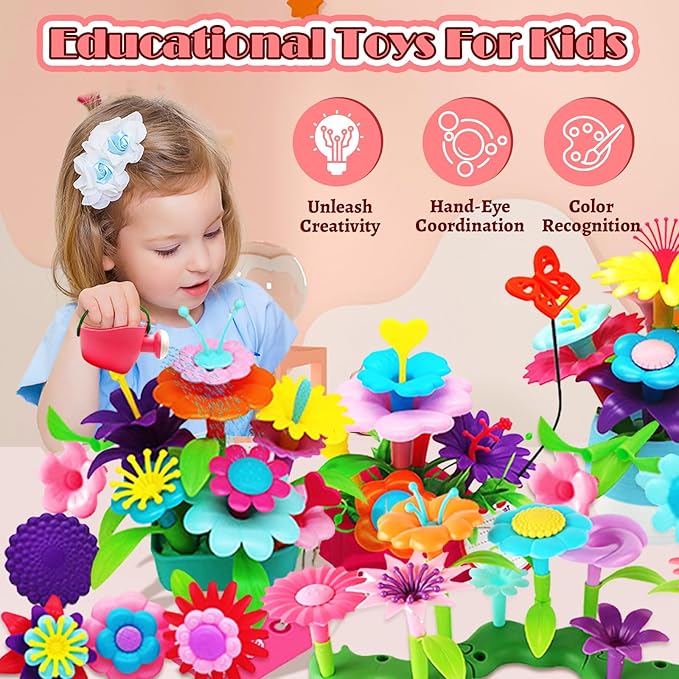 FUNZBO Flower Garden Building Toys Set - Christmas Birthday Gifts for Age 2 3 4 5 6 Years Old Girls, STEM Montessori Educational Toy for Toddler Kids, Sorting & Stacking Spring Gardening Set