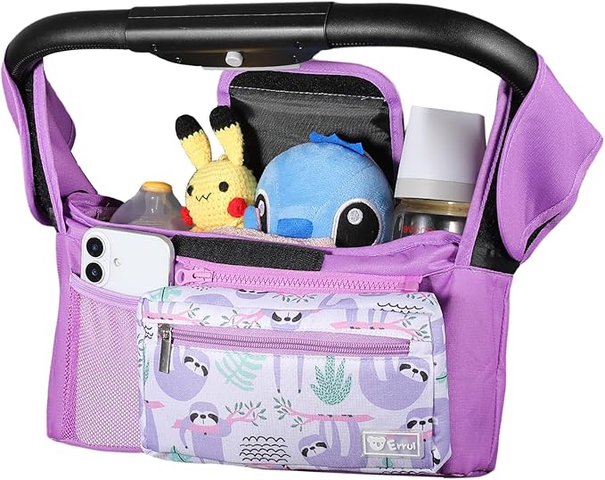 Universal Stroller Organizer with Insulated Cup Holders and Detachable Phone Bag,Stroller Caddy Fits for Stroller Accessories like Uppababy, Baby Jogger, Doona, Nuna Stroller (Purple Sloth)