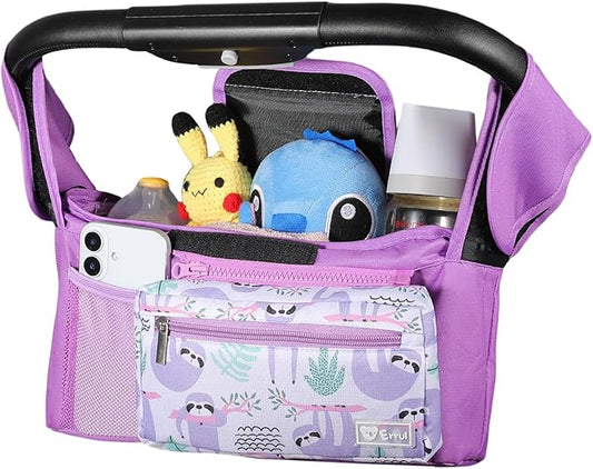 Universal Stroller Organizer with Insulated Cup Holders and Detachable Phone Bag,Stroller Caddy Fits for Stroller Accessories like Uppababy, Baby Jogger, Doona, Nuna Stroller (Purple Sloth)