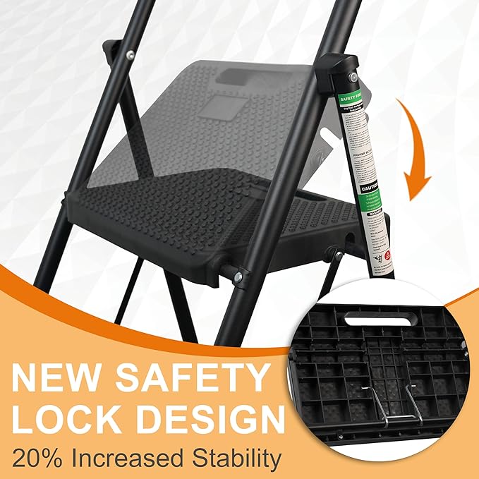 2 Step Ladder, Portable Steel Folding Stool with Wide Anti-Slip Pedal, 500lbs Sturdy Steel Ladder, Black