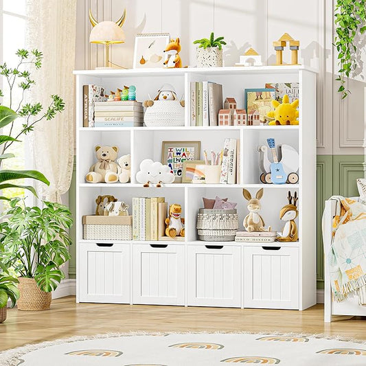 FINETONES Toy Storage Organizer, Kids Bookshelf with 4 Movable Chests and 7 Storage Cubes, Toy Chest Storage with Hidden Wheels, Toy Organizers and Toy Storage, White