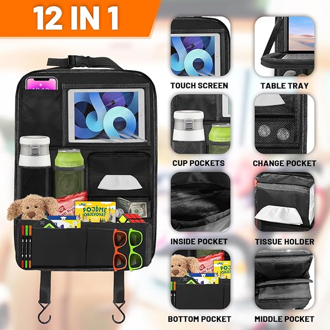 DUWAI Backseat Car Organizer with Table Tray,12 Pockets Storage Organizer with Tablet Holder,Car Seat Organizer with Car Tissue Holder,Kick Mats Protector For Kids,Travel Accessories(2-Pack)