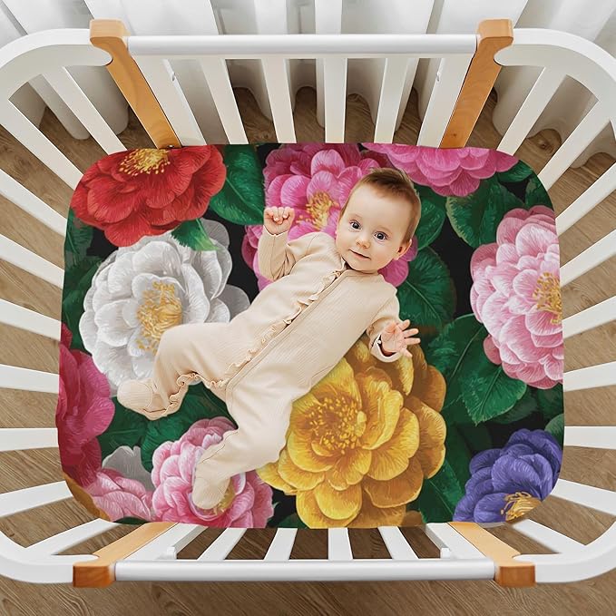 Colorful Camellia Flowers Crib Sheets Standard Crib Toddler Mattresses Cover Fitted Baby Bed Sheet Breathable Crib Mattress Sheet for Girls Boys 39''x27''x9''