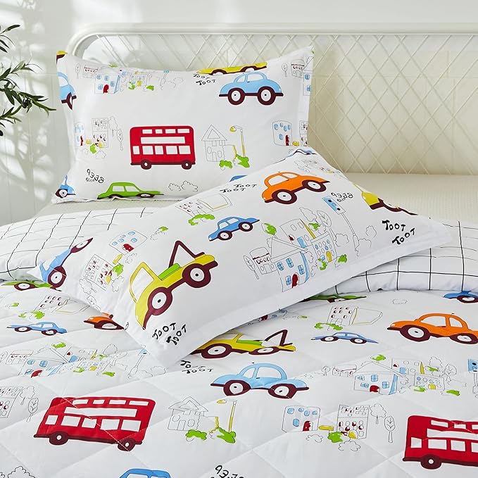 Brandream Kids Comforter Set Twin Size Cotton Boy Quilt Set 3-Piece Cars Trucks Bedding Set Collection Soft