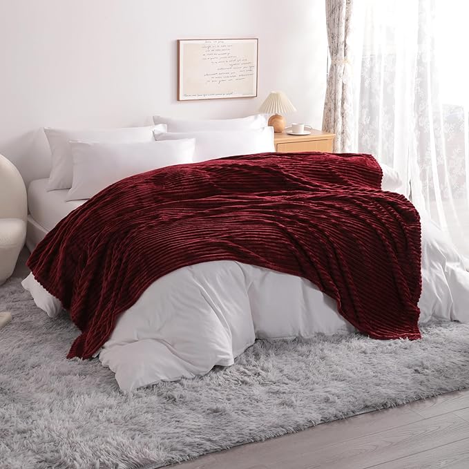 NTBAY Plush Flannel Twin Bed Blanket, 60X80 Inches Soft and Warm Lightweight Blanket with Striped Texture Bed Blanket for Couch Sofa Bed All Seasons, 60"x80", Wine Red