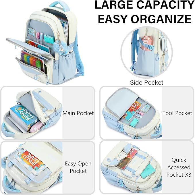 QHRIDS School Backpack for Girls, 3PCS Laptop Backpack 15.6 Inch with Lunch Box Pencil Pouch Set for Kids Teens Elementary Middle High School College Bookbag Student Casual Travel Daypack,Blue Beige