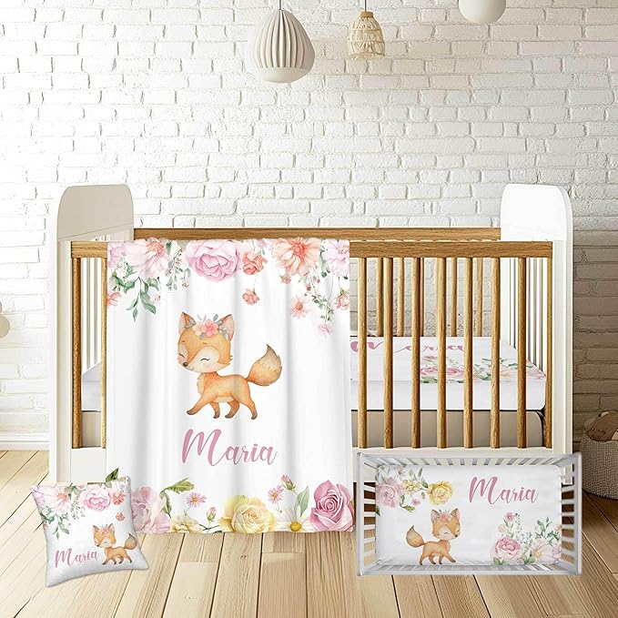 Personalized Fox Baby Crib Bedding Set for Girls – Custom Name 3-Piece Nursery Bedding with Blanket, Fitted Crib Sheet & Pillowcase – Soft Baby Bedding for Newborn Infant Toddler