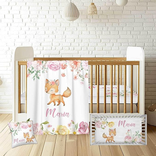 Personalized Fox Baby Crib Bedding Set for Girls – Custom Name 3-Piece Nursery Bedding with Blanket, Fitted Crib Sheet & Pillowcase – Soft Baby Bedding for Newborn Infant Toddler