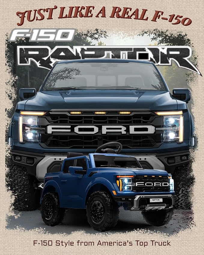 First Ride On 12V Electric Car for Kids, Licensed Ford F-150 Raptor Toddler Ride on Toys with Remote Control, Kids Ride on Truck with Smooth Start, Truck Bed Storage, Bluetooth (Blue)